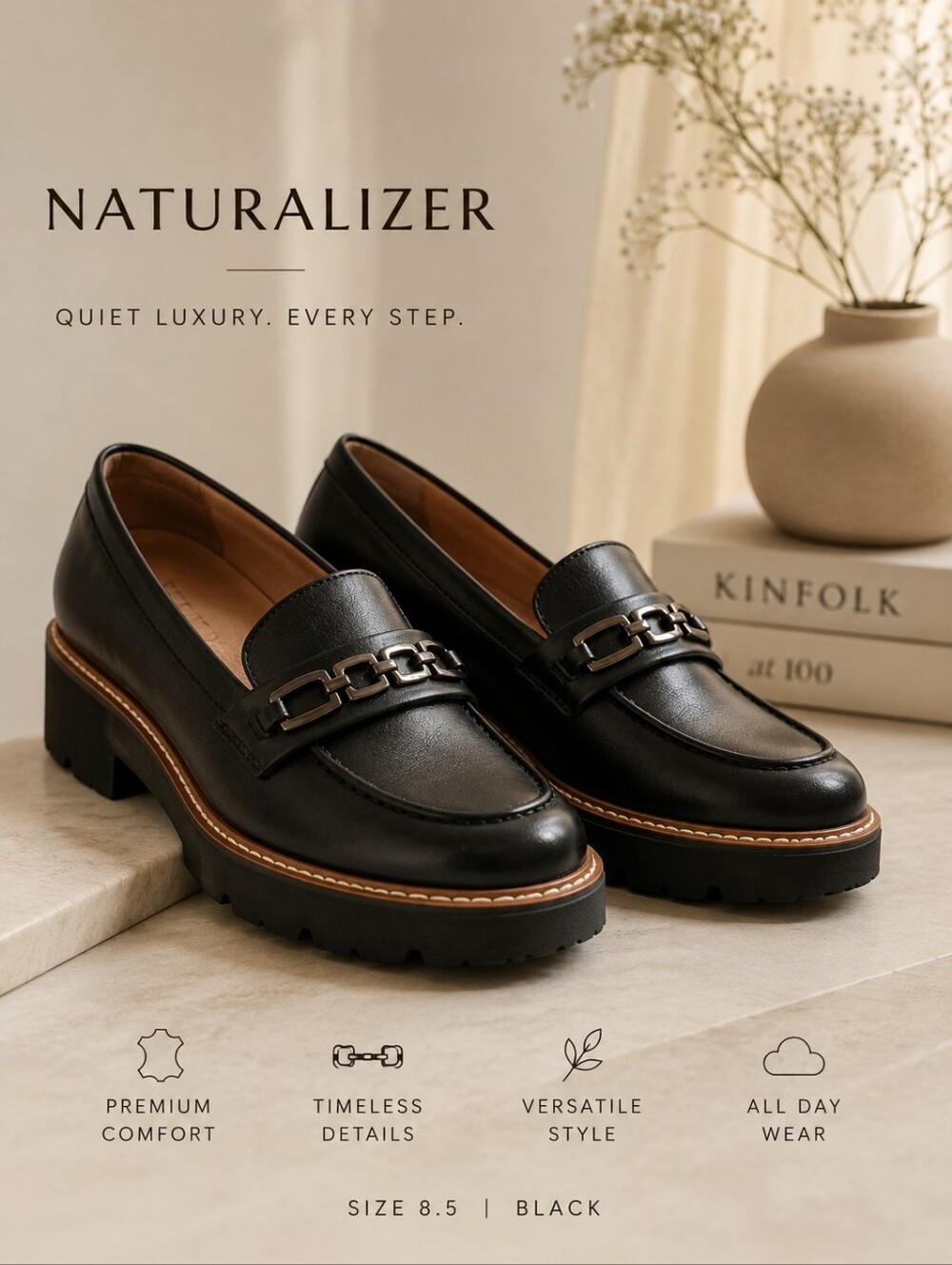 Naturalizer 8.5 Black Lug Sole Loafers Quiet Luxury Chain Platform Shoes - Picture 1 of 14